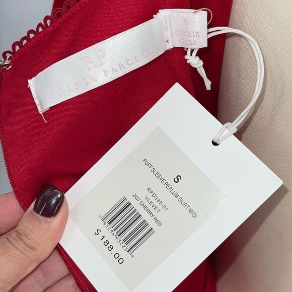 Rachel Parcell Puff Sleeve Peplum Skirt Midi Dress Red Velvet Size Small NWT - Picture 9 of 14